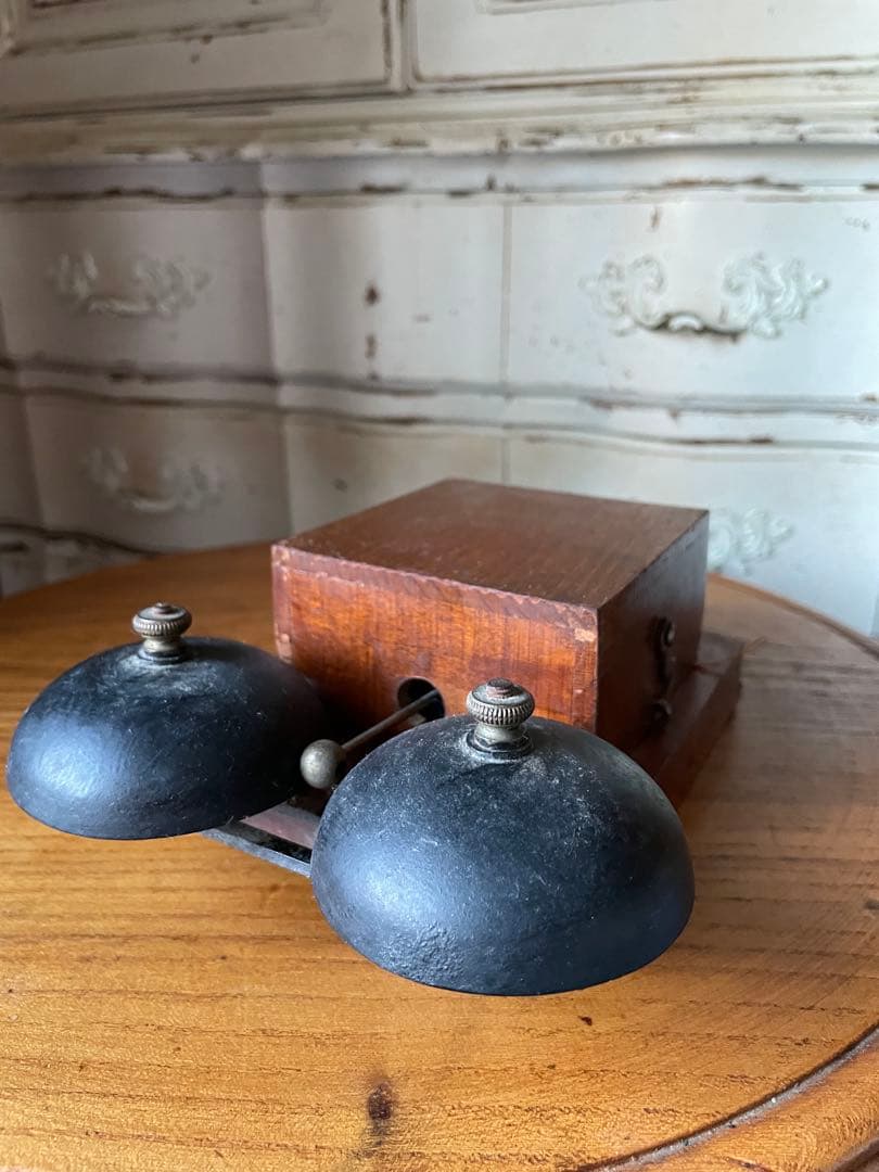 フランス アンティーク 壁掛け式 電話機用 ベル 2個付き 木製 呼び鈴