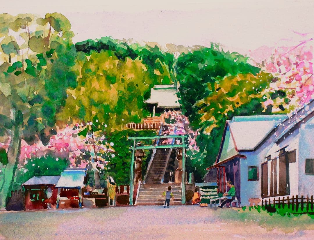 水彩画 神社の風景額装済み F6サイズ