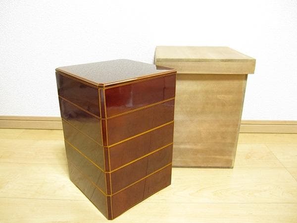 新品 飛騨高山 伝統工芸 飛騨春慶 豪華 五段重箱 角重 木箱付き 新品