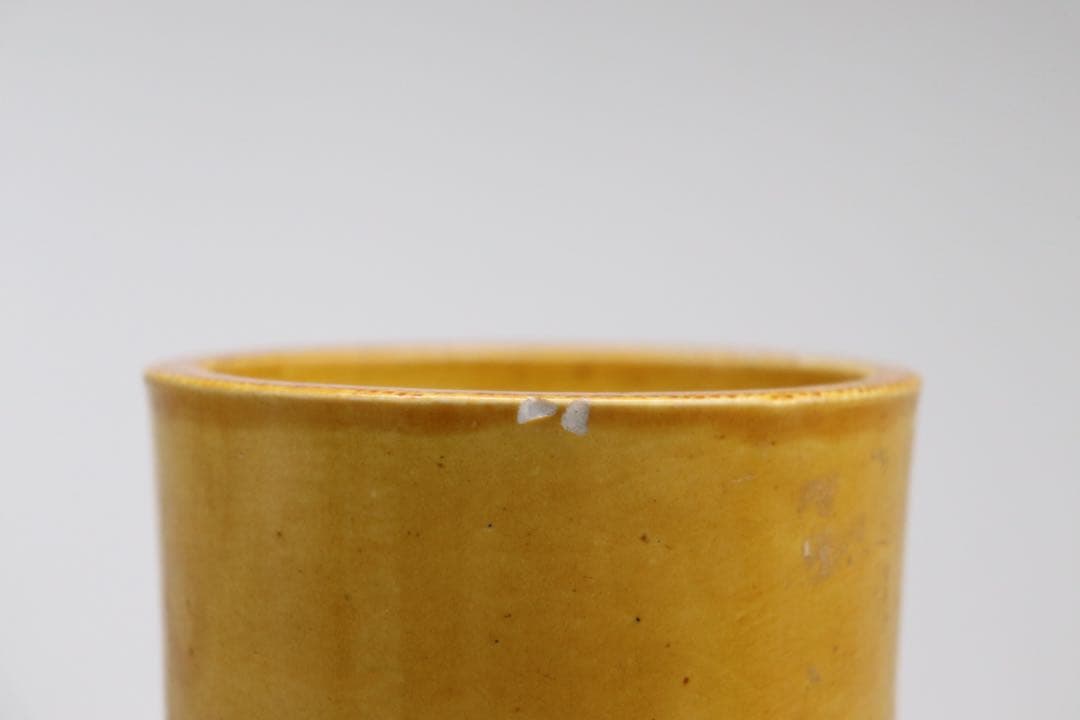 中国　清時代　黄南京　竹節型蓮鷺紋筆入　共箱　アンティーク　送料込み250708