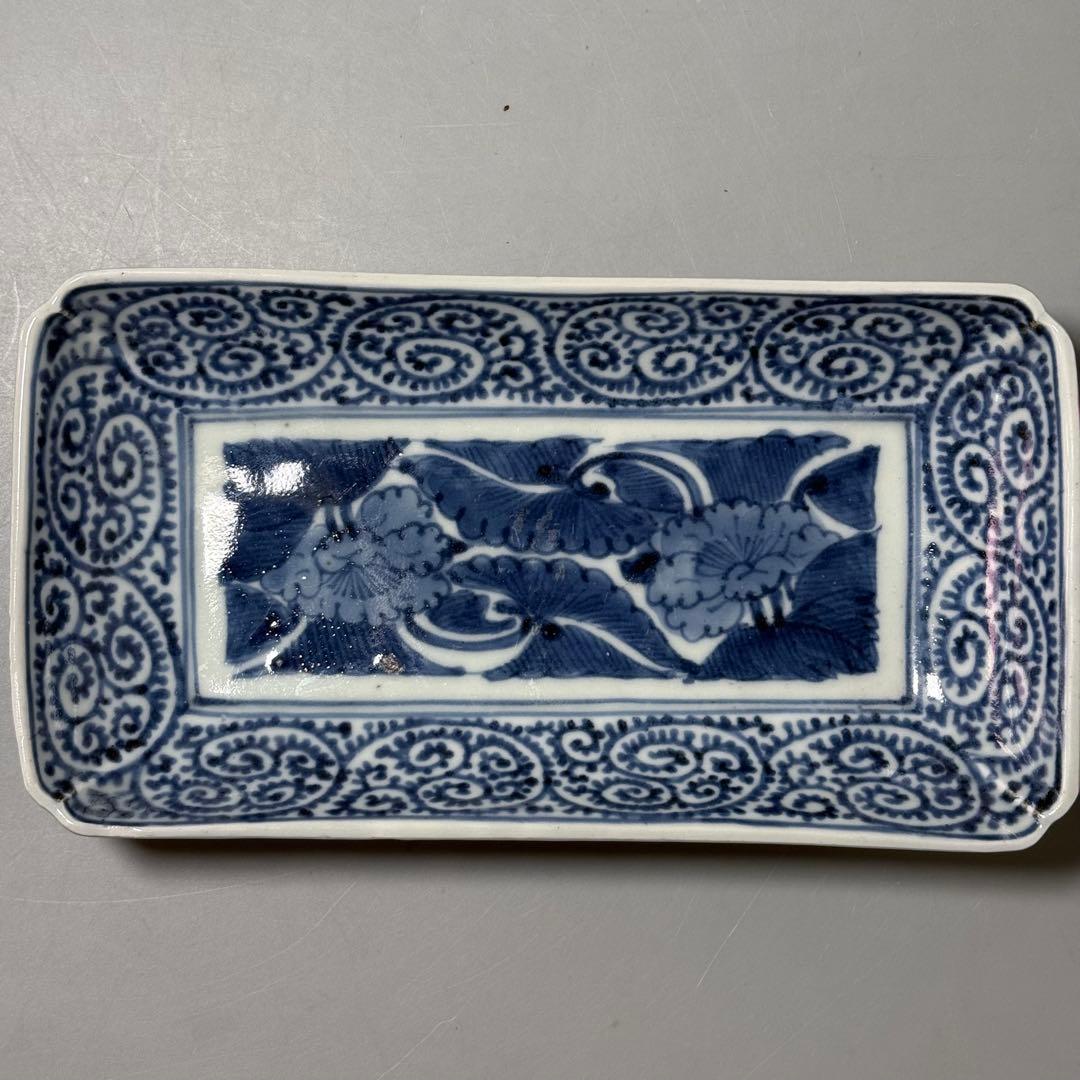 江戸中期 古伊万里 染付蛸唐草長皿 五客 冨貴長春 古器