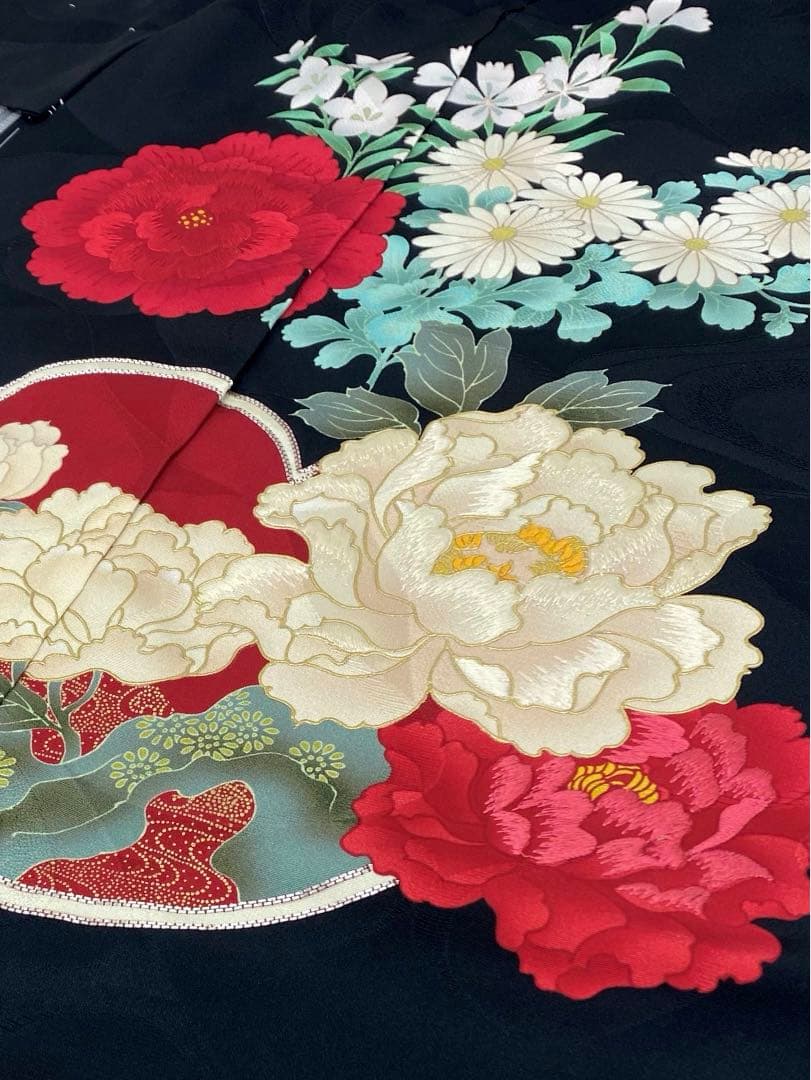 振袖 仮絵羽 刺繍 銀駒 金彩 紋意匠 牡丹 正絹 未仕立て品 八