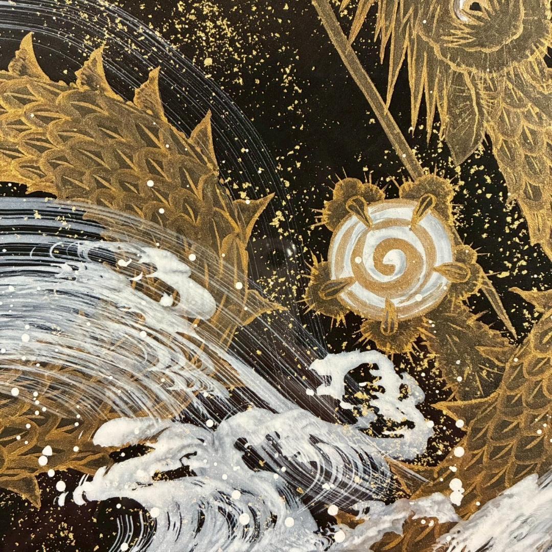 美品 あいはら友子「赤富士に昇り龍」肉筆画 日本画 縁起物 開運 富士山 金襴