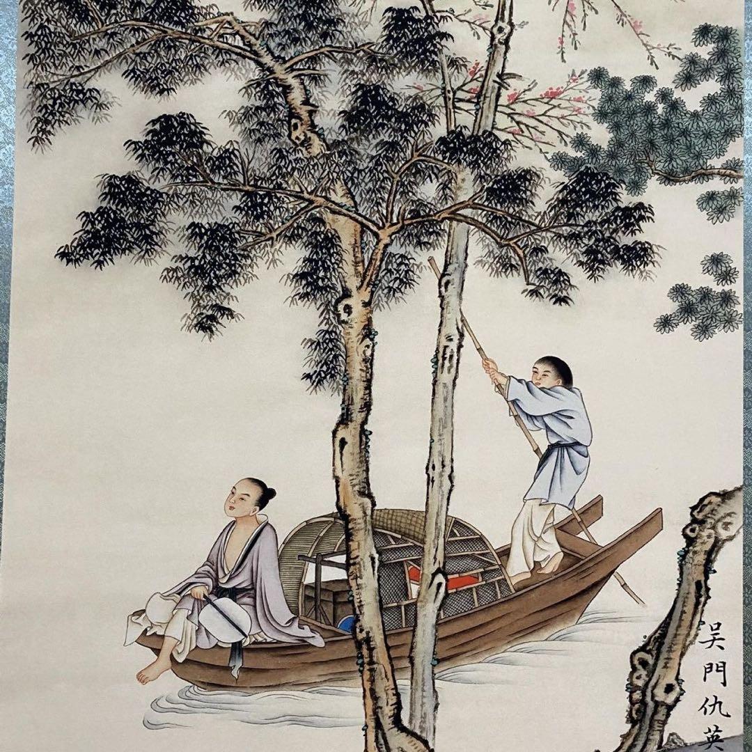 四尺 中堂 人物画 遊江図 仇英風 宣紙 表装済み 防伪証明書付