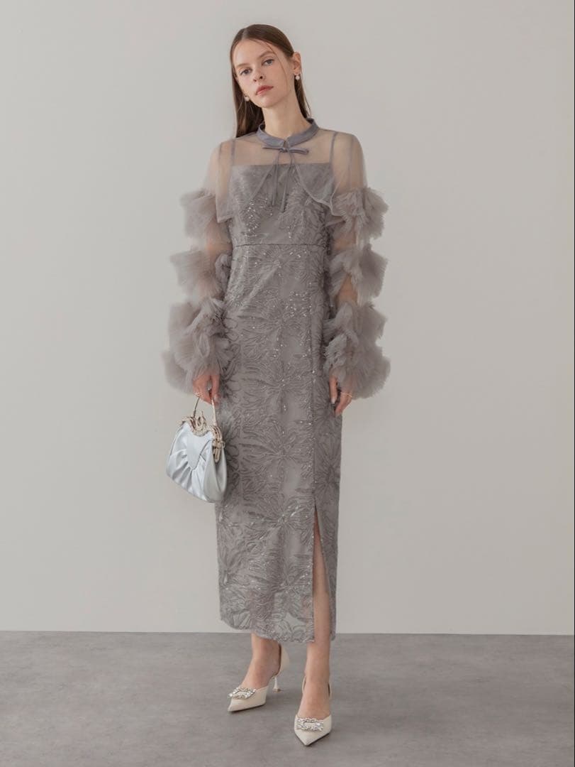 フリルチュールスリーブリボンIラインワンピースドレス結婚式二次会成人式パーティー