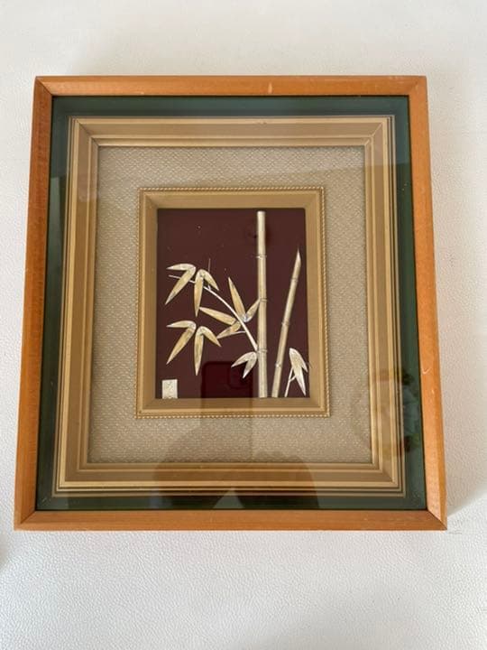 嘉山 作 純銀製 竹笹 額装 純銀竹図 銀彫刻 貴金属画 金属工芸