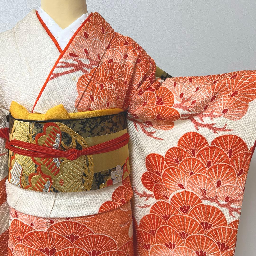 444 振袖フルセット 正絹 朱赤 オレンジ 絞り 藤娘きぬたや 高級 小柄