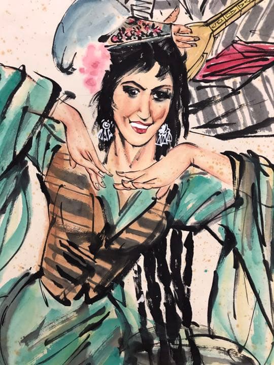 中国 黄胄 掛け軸 舞踊図 肉筆