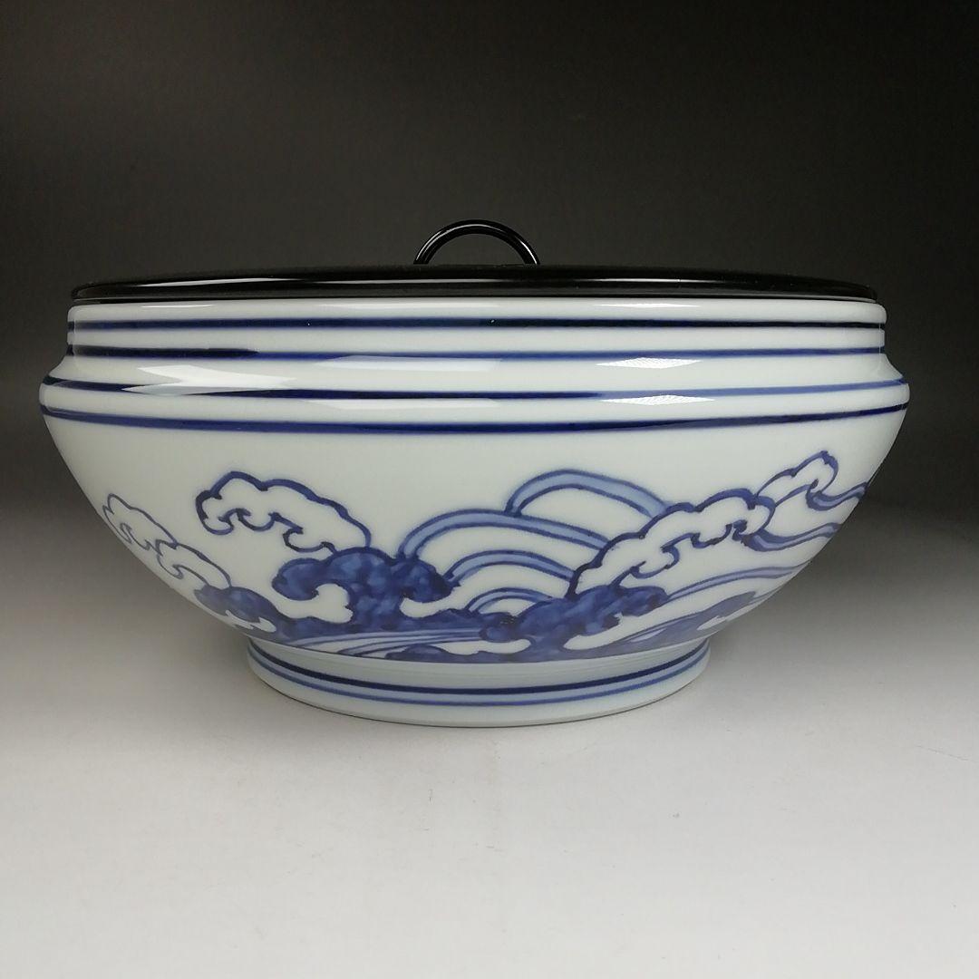 W32 水指 『染付 桜川』『押小路窯 庄左ェ門』 共箱 茶道具