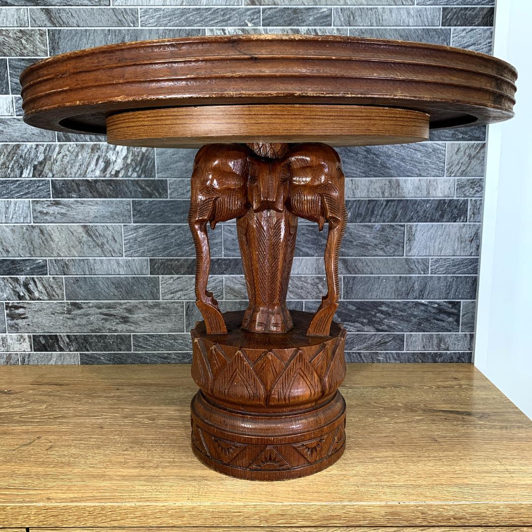 インド民芸品 木彫り机 天板直径51.5㎝サイズ 花台 サイドテーブル