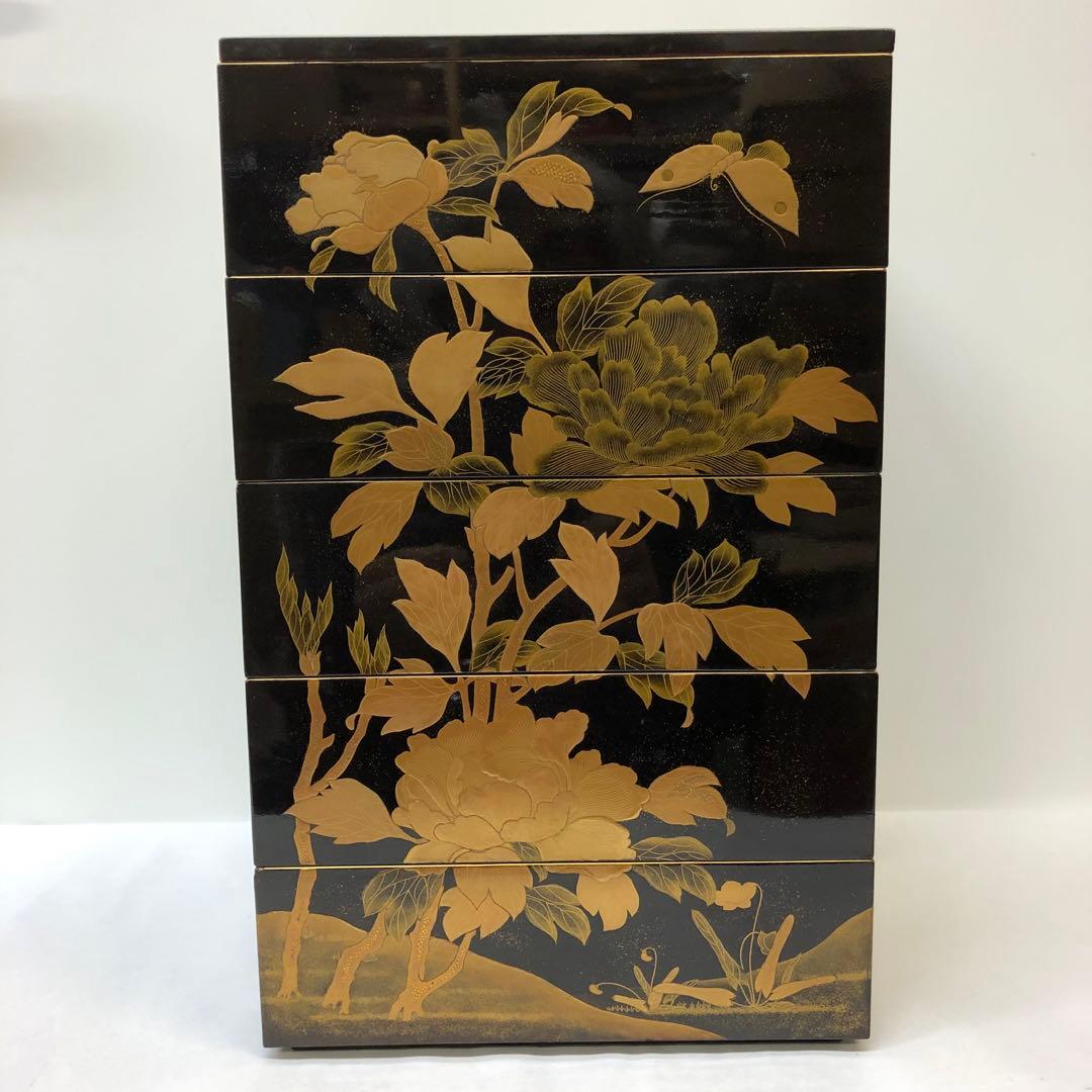 金蒔絵お重　漆器　木製　花鳥図柄　唐獅子図柄　五段重別蓋付き　共箱無
