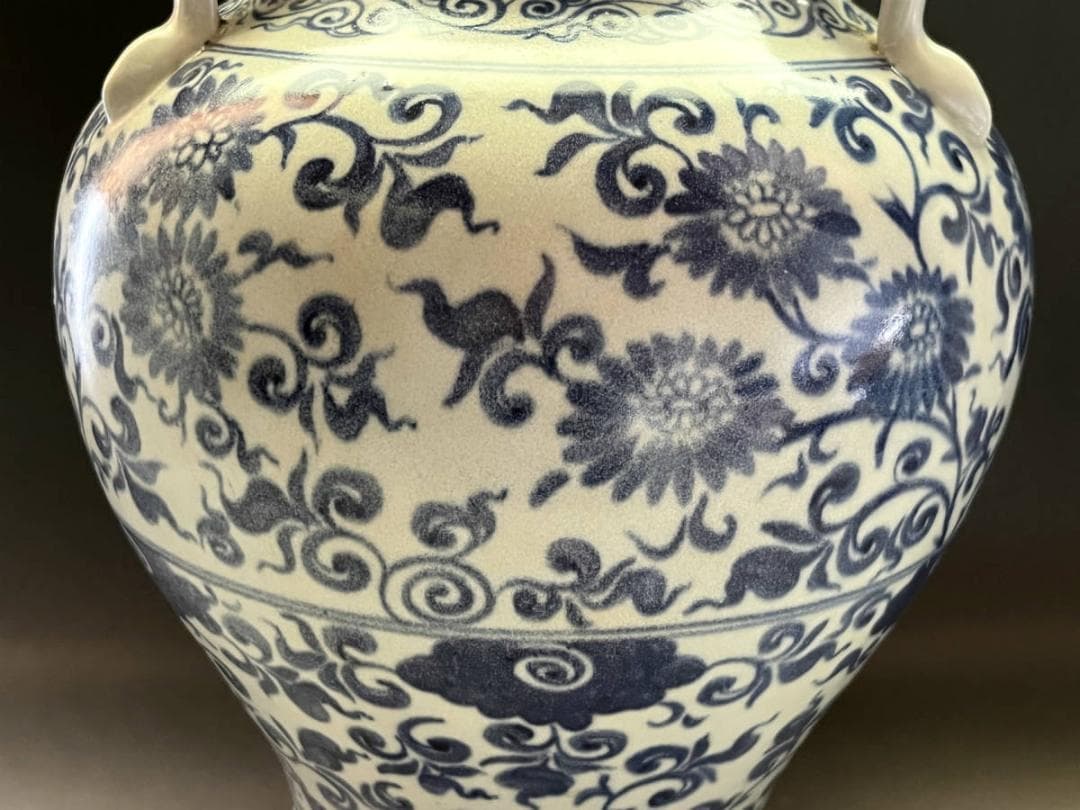 壷■安南染付耳付唐草文瓶 青華 花文大壺 古壷 花瓶花器 古玩 唐物  時代物■