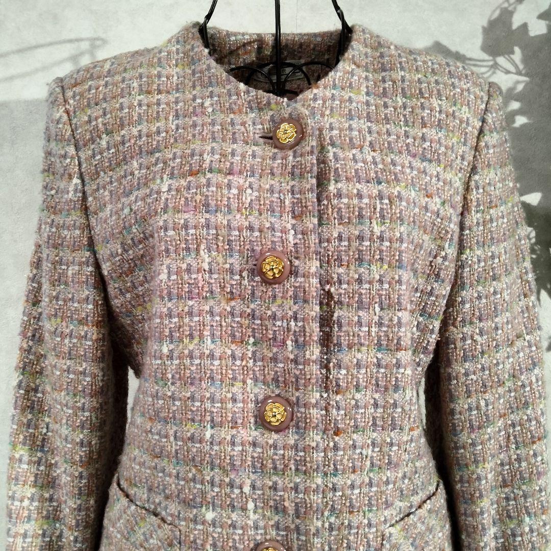 バブリースーツ ツイード 金ボタン 日本製 ノーカラー 昭和レトロ