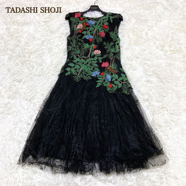 タダシショージ ドレス 刺繍 ボタニカル 花 アニマル レース