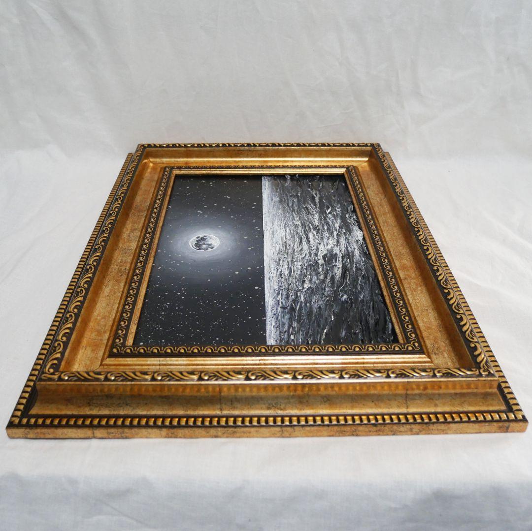 【作品名】：油絵【白黒の満月と星空の海】