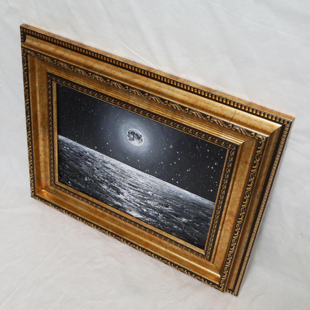 【作品名】：油絵【白黒の満月と星空の海】