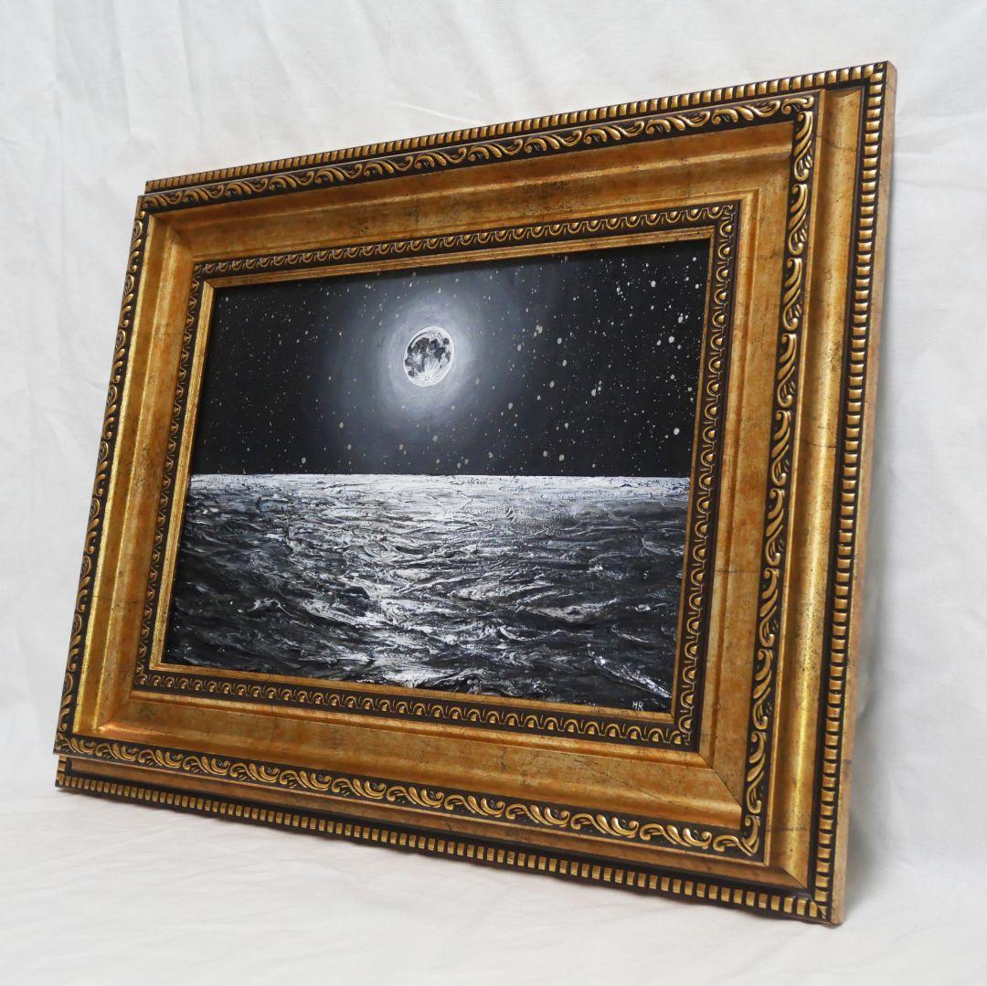 【作品名】：油絵【白黒の満月と星空の海】