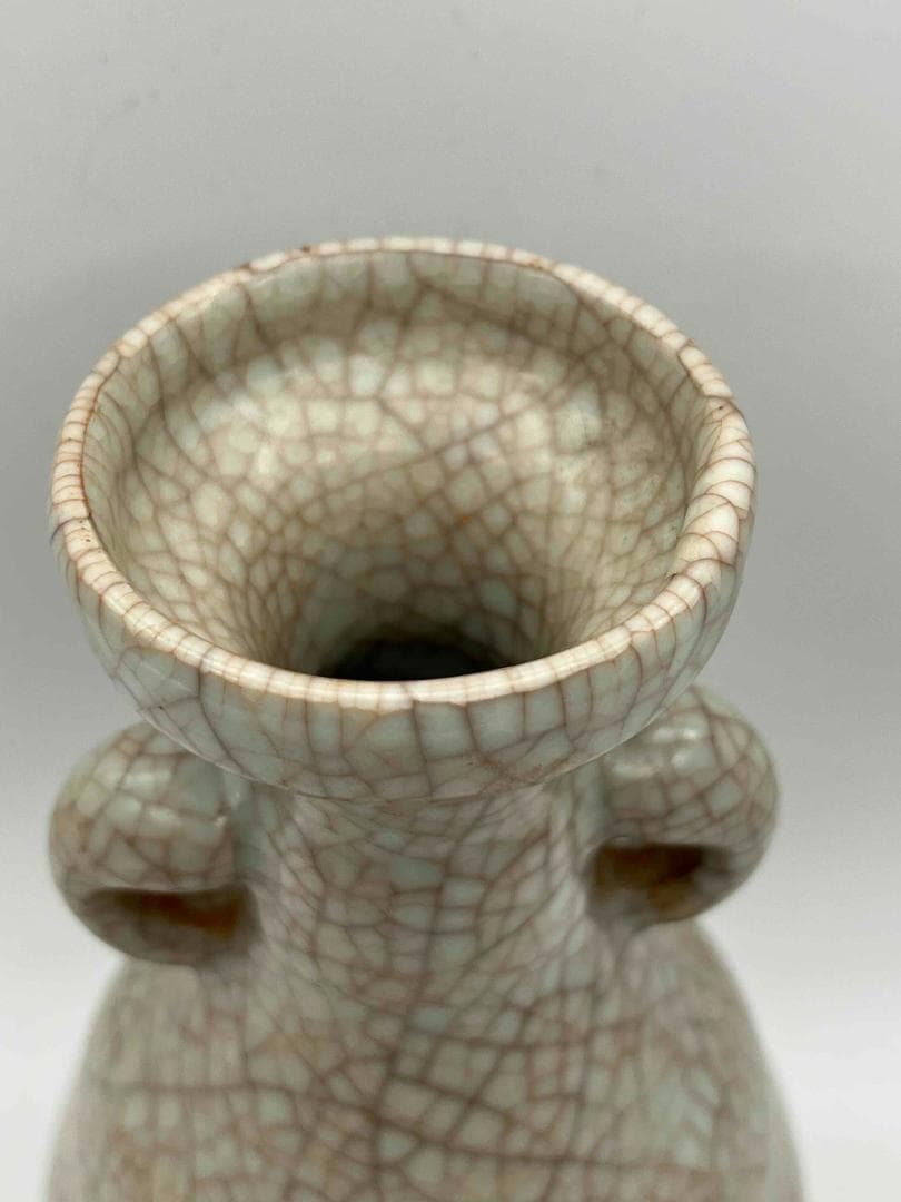 宋時代 青磁 哥窯双獸耳弦文盤口瓶 【旧家蔵出し】花瓶 水注 花入れ(A