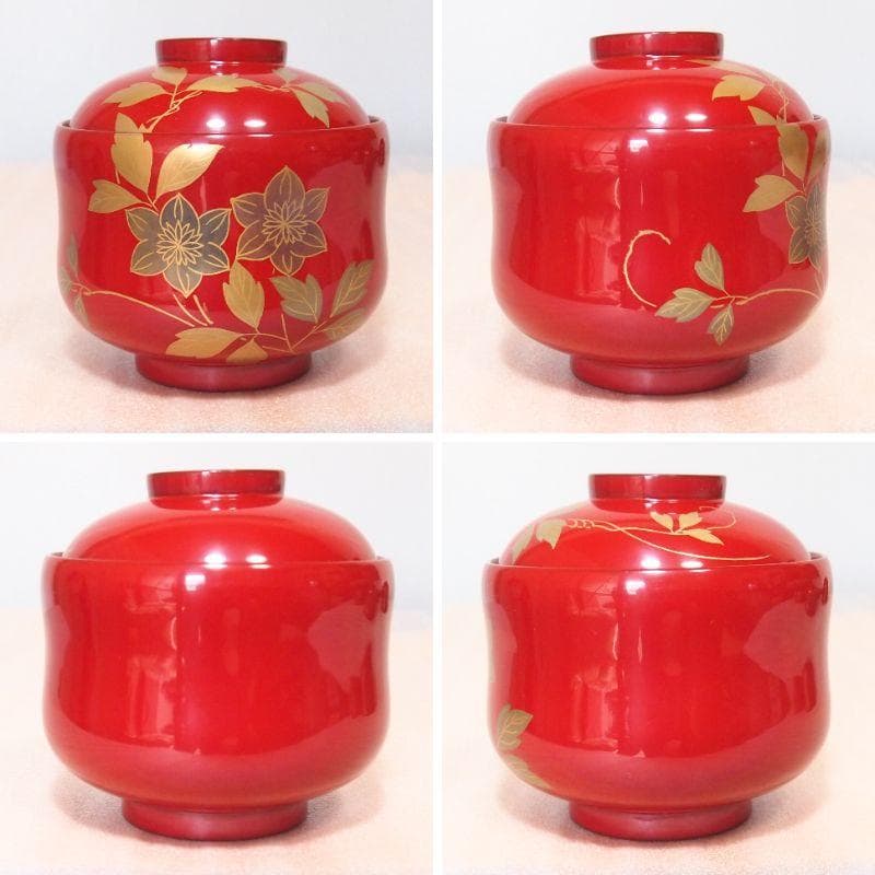 未使用】輪島塗 西久保田漆器店 朱塗/瓢箪型 小吸物椀 5客 汁粉椀/吸物