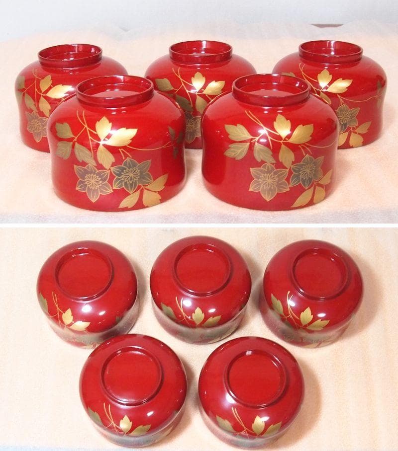 未使用】輪島塗 西久保田漆器店 朱塗/瓢箪型 小吸物椀 5客 汁粉椀/吸物