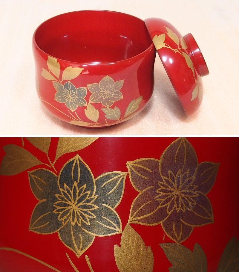 未使用】輪島塗 西久保田漆器店 朱塗/瓢箪型 小吸物椀 5客 汁粉椀/吸物
