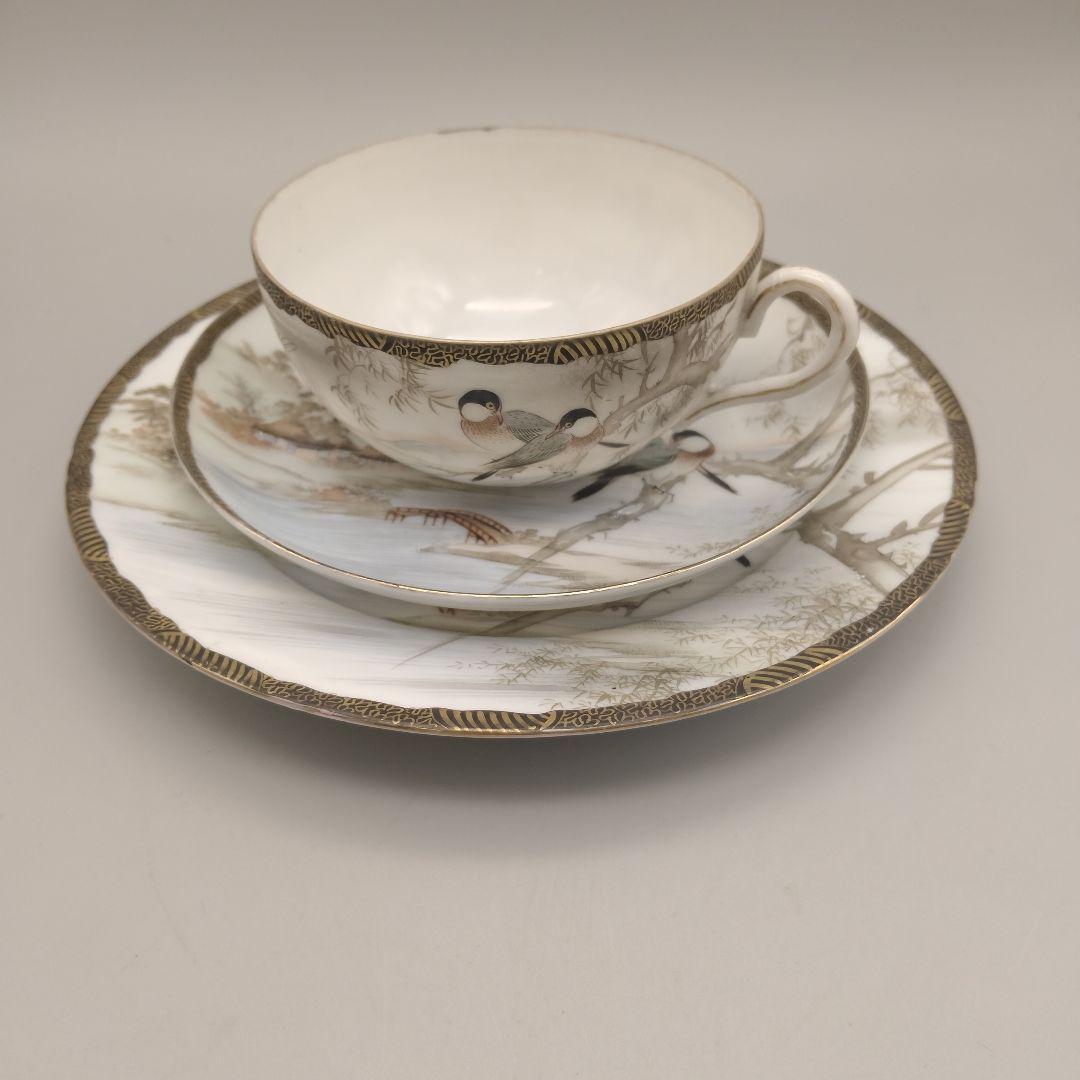 明治時代 大日本 高坂造 横浜焼 エッグシェル トリオ 里帰り 花鳥図