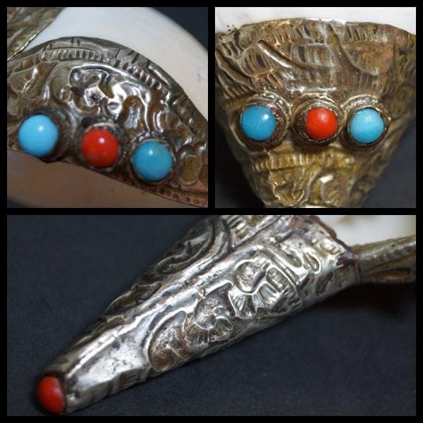 チベット密教法具法螺貝(シャンカ)銀製シルバー巻き手造り打出し『唐草