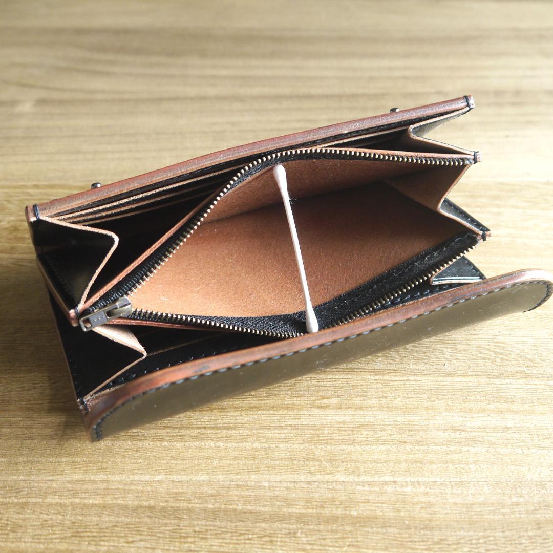 ヌメ革　栃木レザー　サドルレザー　赤タグ付き　ロングウォレット　三つ折り　黒