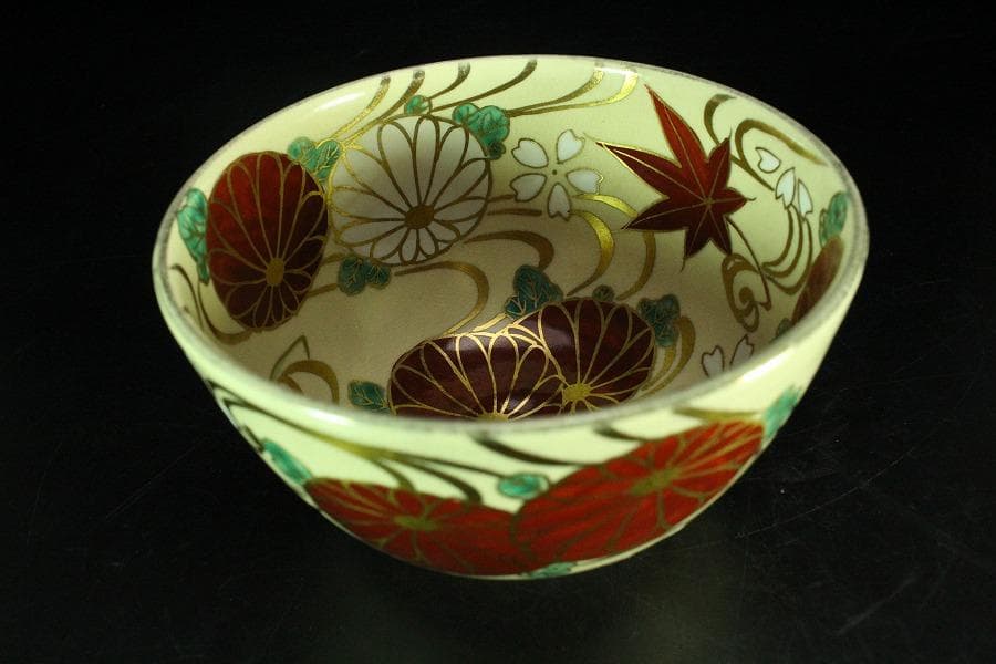 茶道具 金彩 色絵 菊紅葉流水紋 茶碗 陶楽作 美品(K-A665)