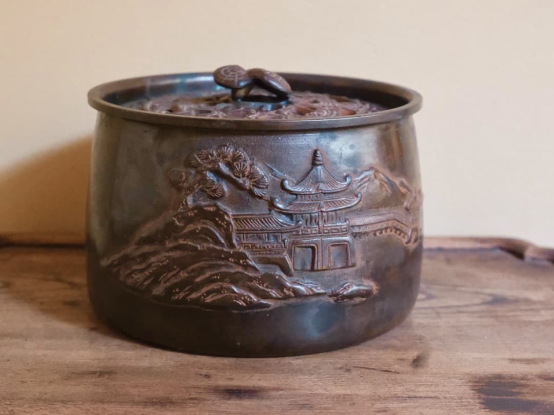 楼閣山水紋 霊芝摘蓋 建水 銅製 茶道具 佐渡銅器 重さ1900g