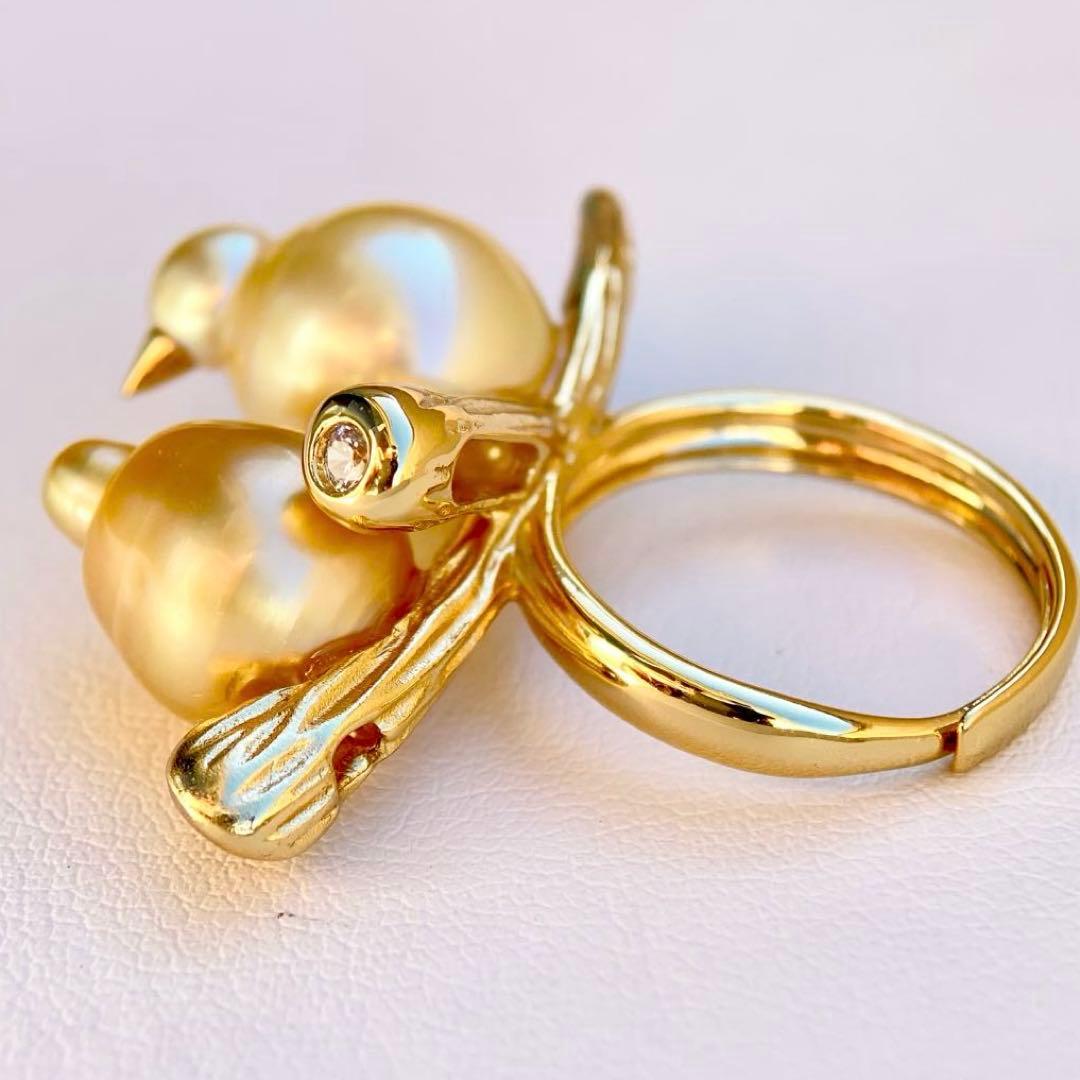 本真珠南洋白蝶真珠ゴールド&濃金s925「鳥と枝」リングY1005