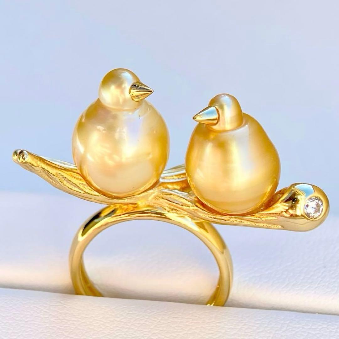 本真珠南洋白蝶真珠ゴールド&濃金s925「鳥と枝」リングY1005