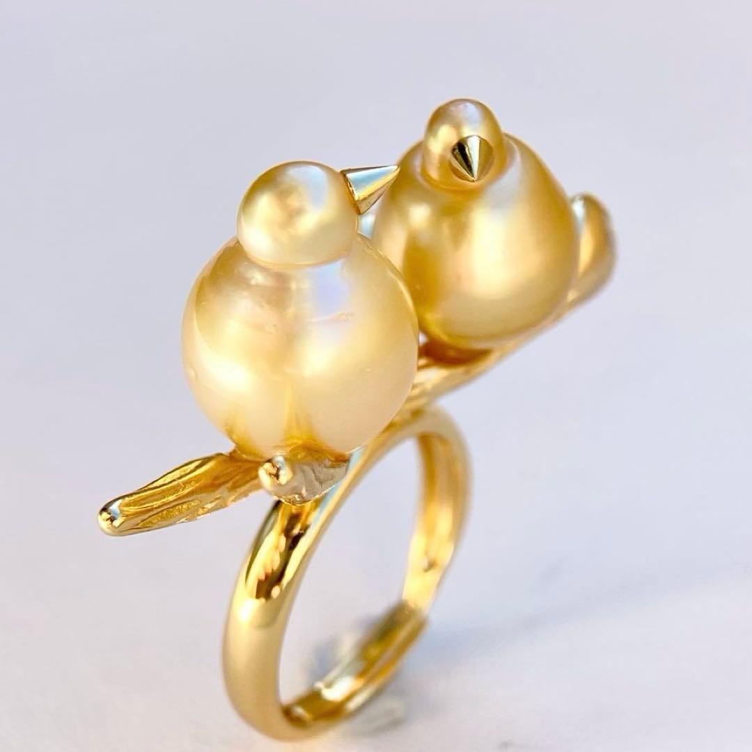 本真珠南洋白蝶真珠ゴールド&濃金s925「鳥と枝」リングY1005