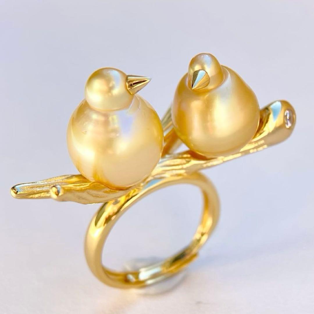 本真珠南洋白蝶真珠ゴールド&濃金s925「鳥と枝」リングY1005