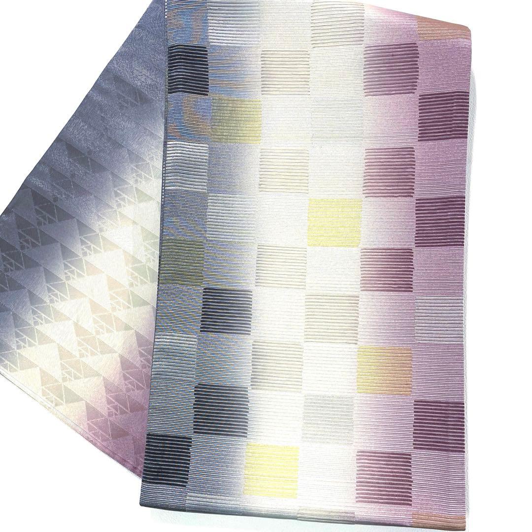 帯3345 ○高級 正絹 両面全通 リバーシブル 袋帯 市松模様 博多帯 半幅帯