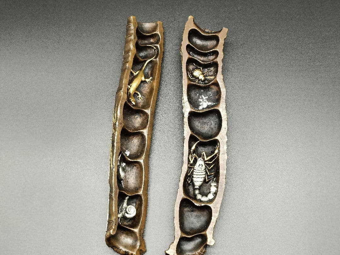 銅製鎮紙 金工師 金工 絵金銀 夏虫図 竹形 蝦蟇 蝉 蜘蛛 蠍