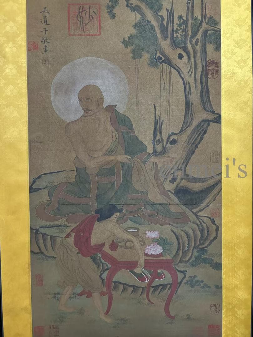 中国古美術 清時代 絹本手描き 呉道作款 羅漢図 三尺 牙軸 古玩 水墨画