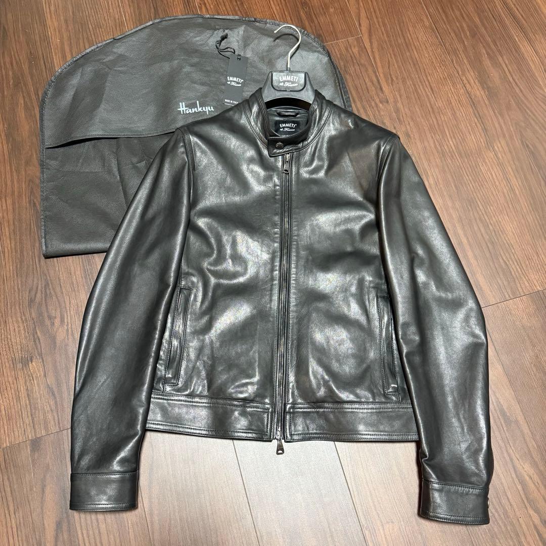 期間限定価格美品EMMETI JURIラムレザーシングルライダースジャケット46
