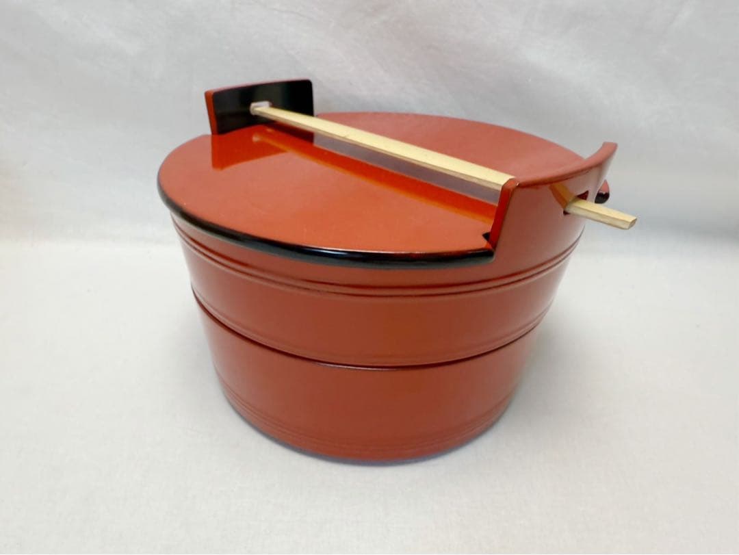 未使用 茶道具 漆専堂造 木製朱塗 桶形二段重 内黒 木工芸 共箱