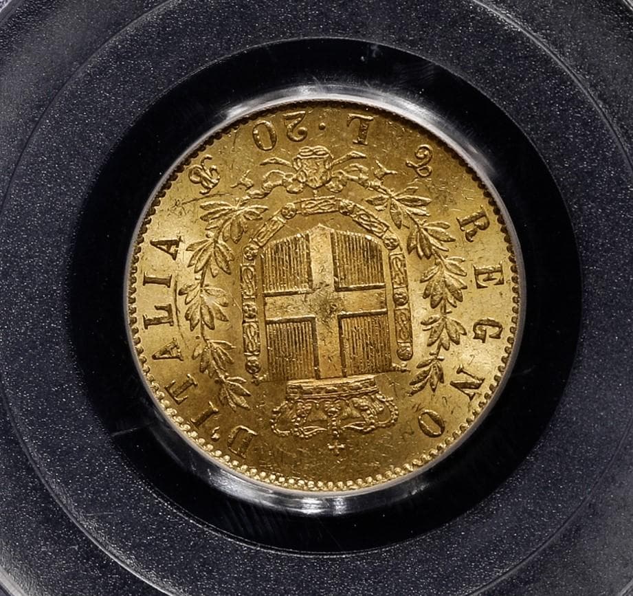 PCGS MS62 イタリア 20リラ1865ヴィットリオエマニュエル2世