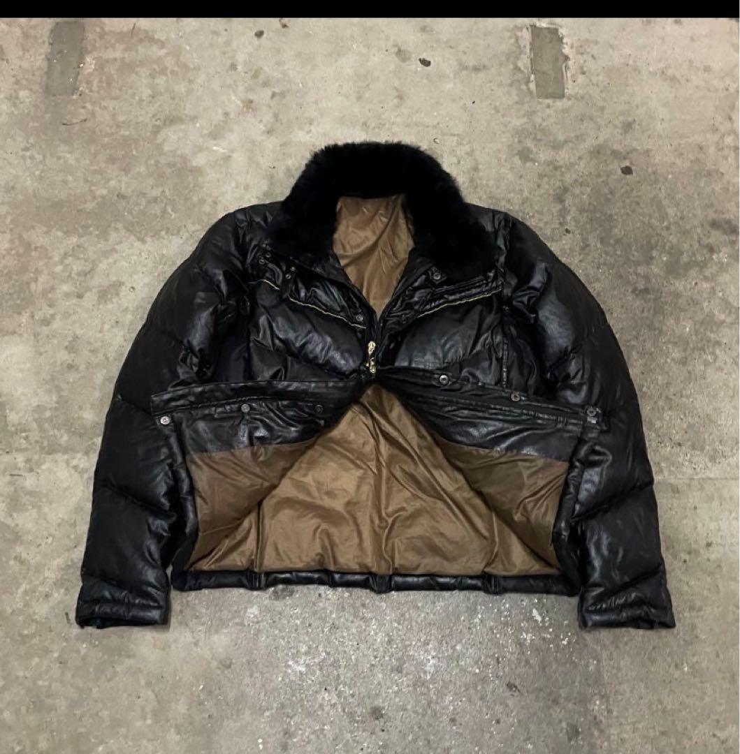 00s ファー レザーダウンジャケット ダブルジップ 光沢 y2k お兄系 黒