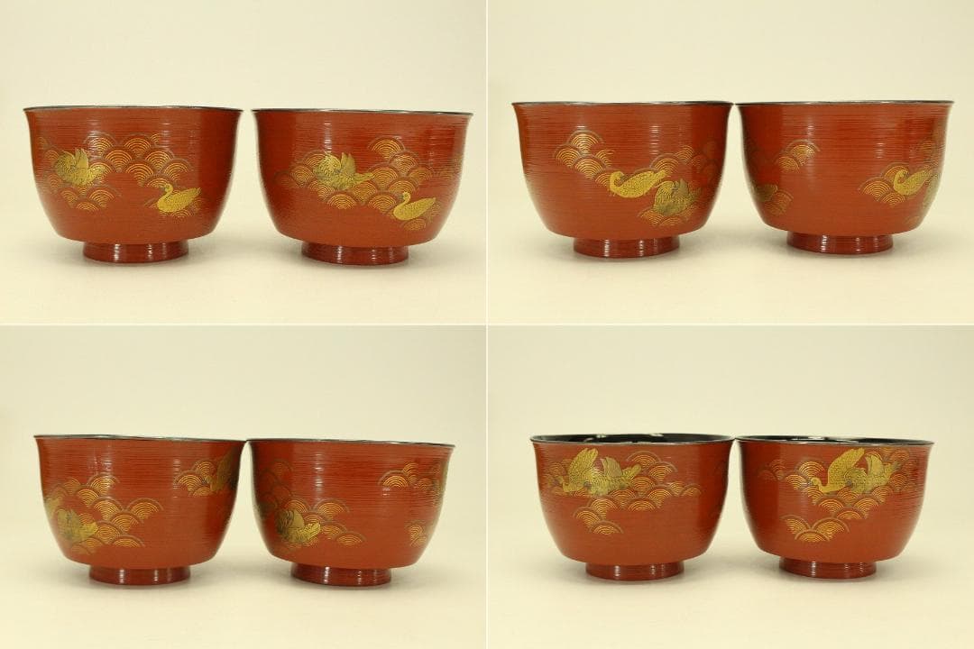 朱塗刷毛目 鴛鴦蒔絵 椀 一対 時代物(ZE659)