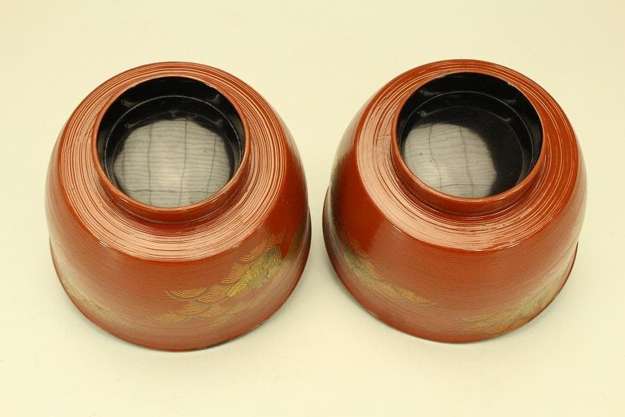 朱塗刷毛目 鴛鴦蒔絵 椀 一対 時代物(ZE659)