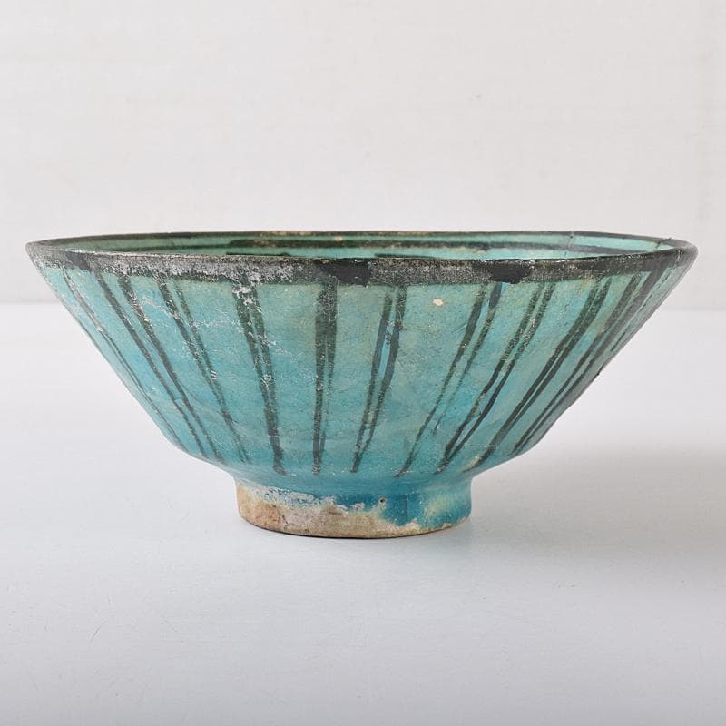 ペルシャ陶器　二シャプール出土　十世紀　青釉黒彩鉢　時代箱付　V　R8419