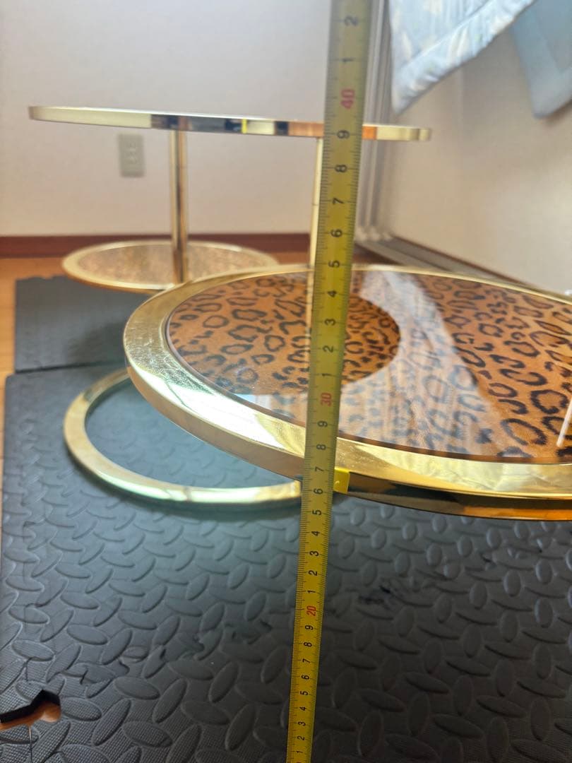 形スライドテーブル サイドテーブル 豹柄 ガラステーブル ラウンドテーブル