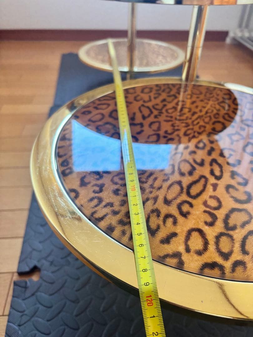 形スライドテーブル サイドテーブル 豹柄 ガラステーブル ラウンドテーブル