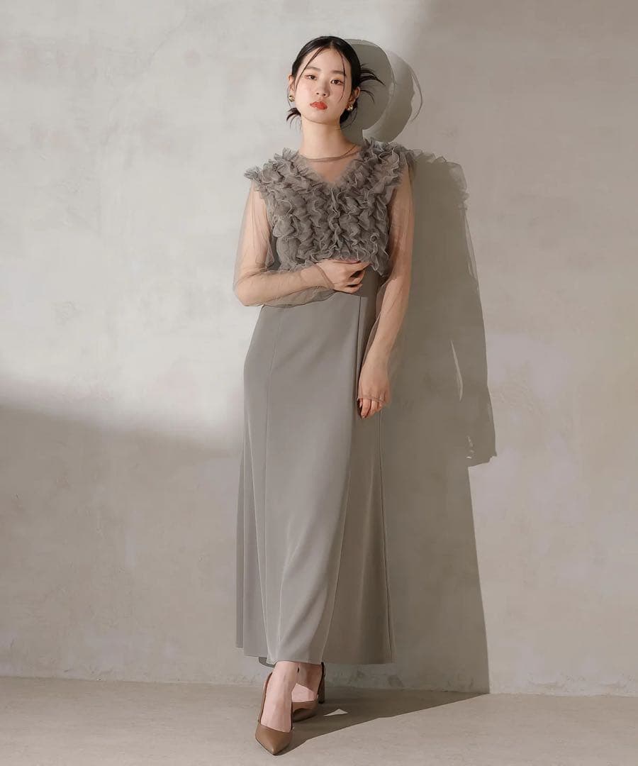 【sa-】チュールボリュームフリル ベスト シアー トップス ワンピース