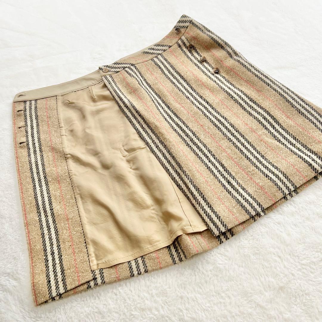 【バーバリーロンドン】ウールノバストライプラップスカート☆ミモレ丈☆ボタン☆S