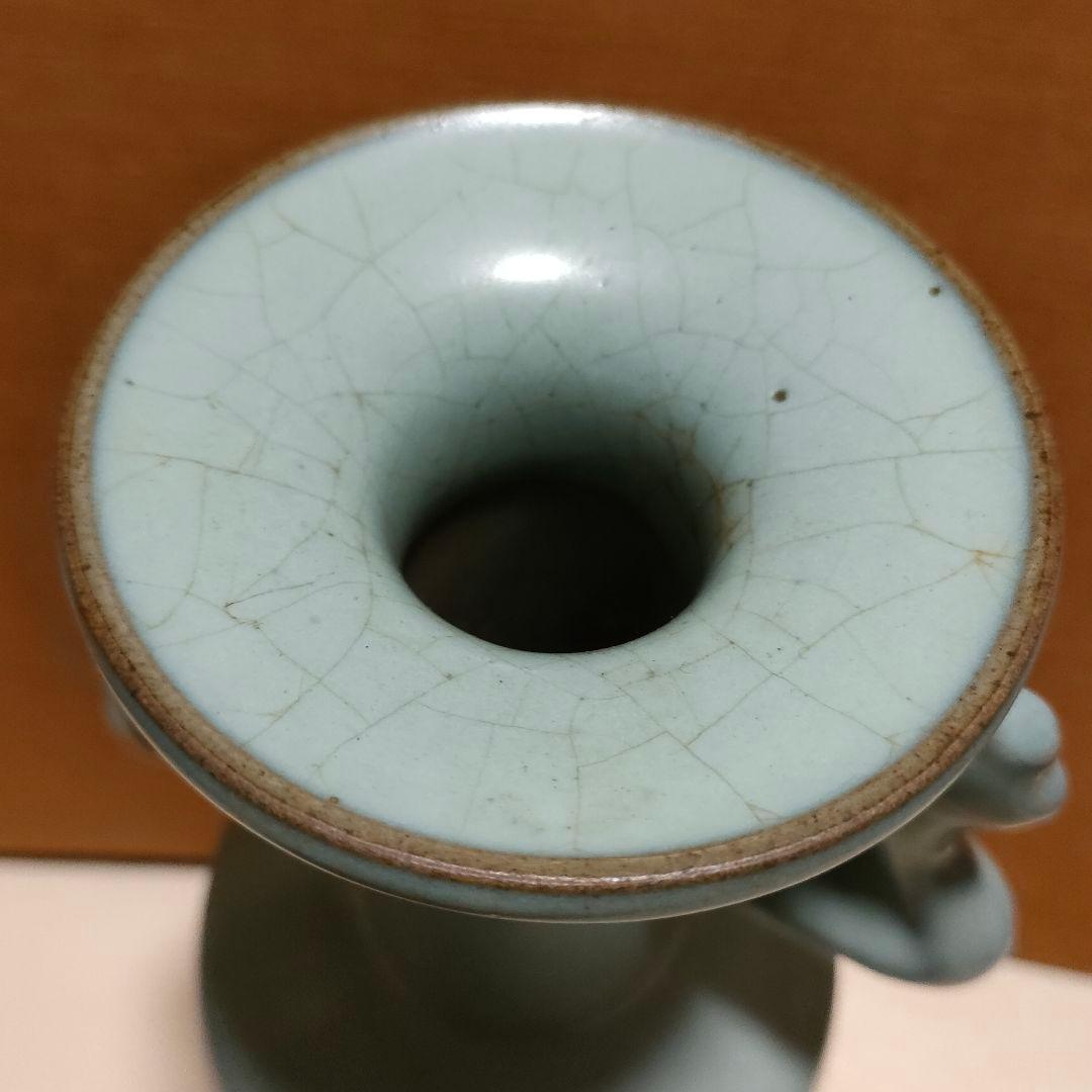 中国美術 月白釉 時代物 アンティーク 双耳花入 花瓶 仿汝窯 清朝