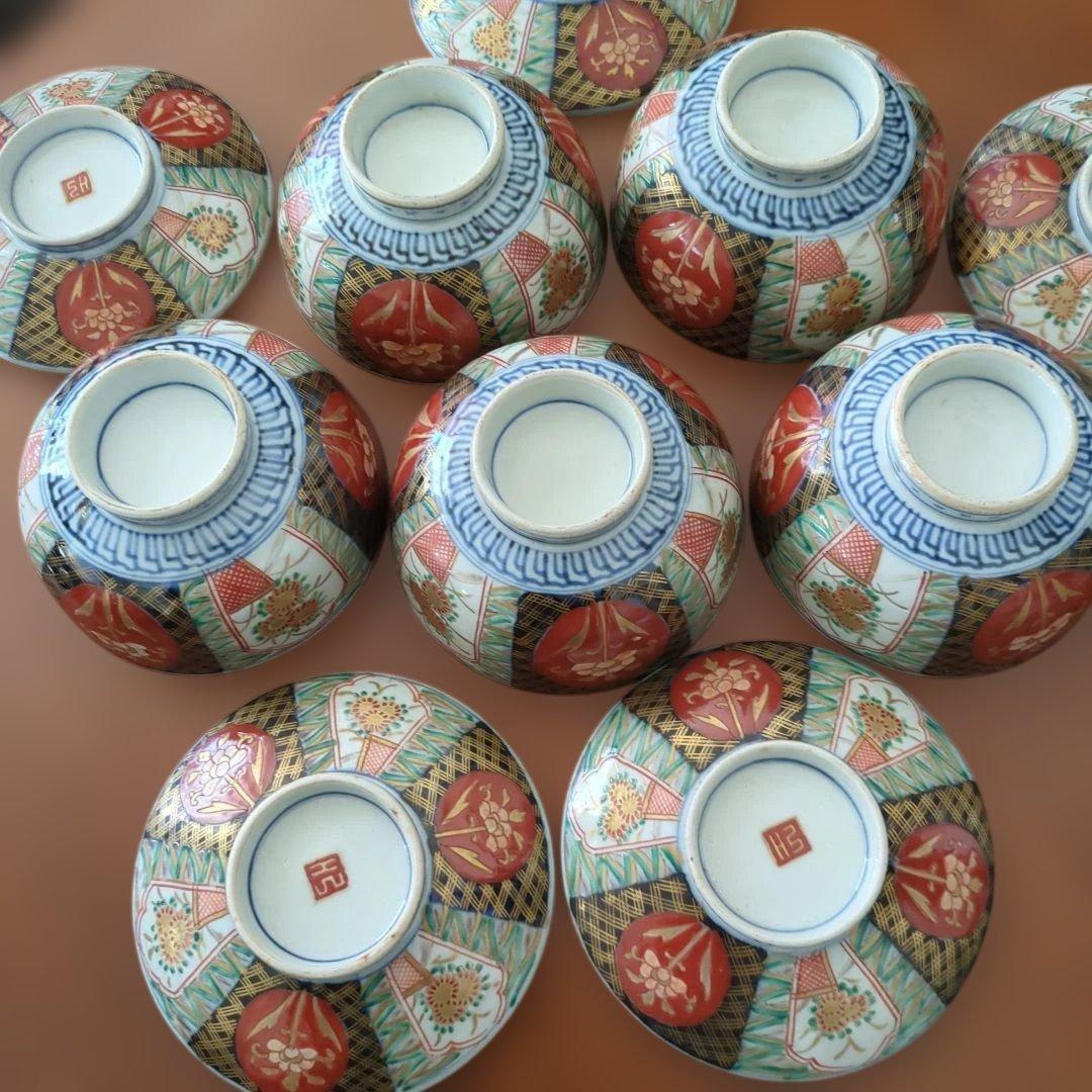 骨董 伊万里 蓋付き お茶碗 碗 色絵 錦手 アンティーク 5つ〜